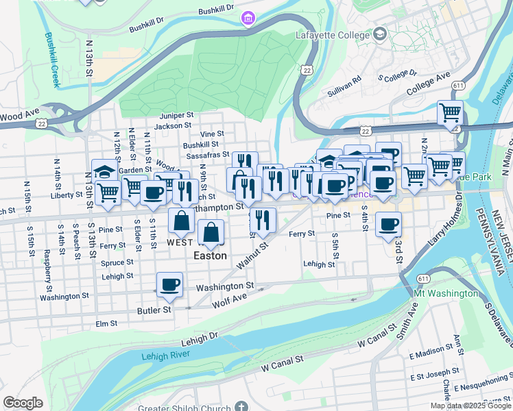 map of restaurants, bars, coffee shops, grocery stores, and more near 4 South 7th Street in Easton