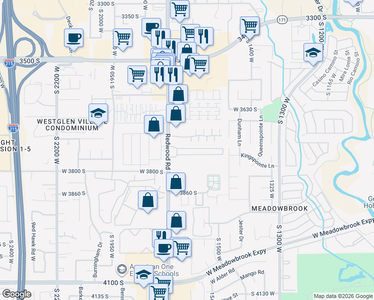 map of restaurants, bars, coffee shops, grocery stores, and more near 1630 West Redwood Place in West Valley City