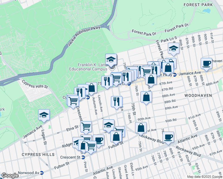 map of restaurants, bars, coffee shops, grocery stores, and more near 18 Grant Avenue in Brooklyn