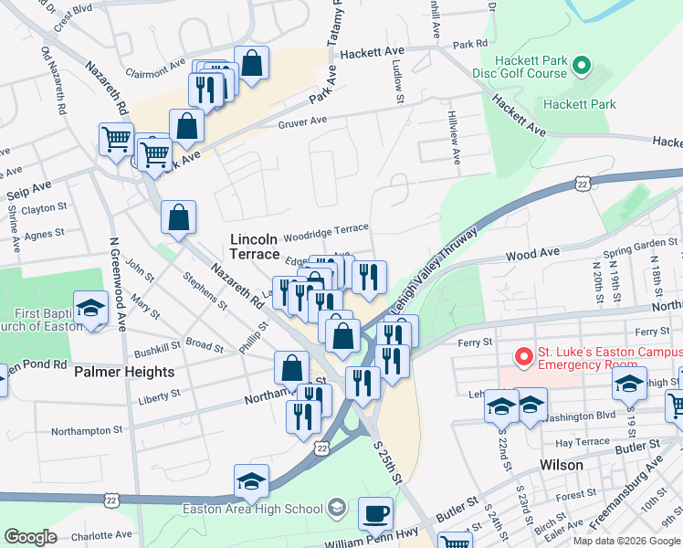 map of restaurants, bars, coffee shops, grocery stores, and more near 2355 Lawnherst Avenue in Easton