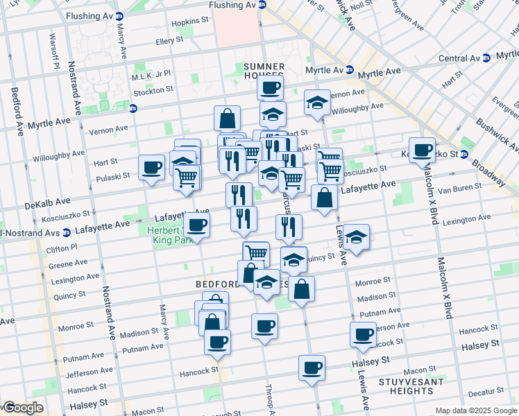 map of restaurants, bars, coffee shops, grocery stores, and more near 121 Van Buren Street in Brooklyn