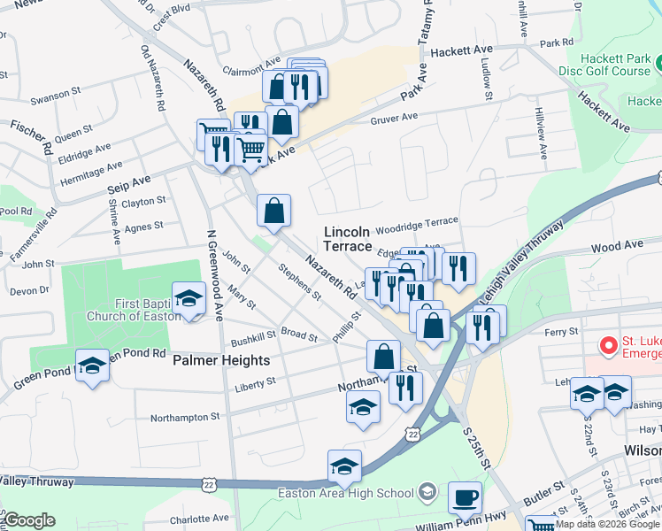 map of restaurants, bars, coffee shops, grocery stores, and more near 2645 Nazareth Road in Easton