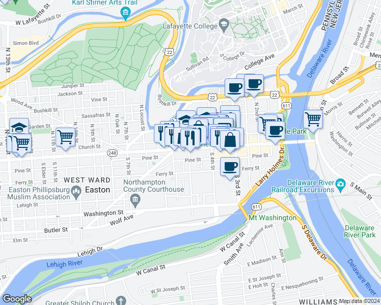 map of restaurants, bars, coffee shops, grocery stores, and more near 482 Northampton Street in Easton