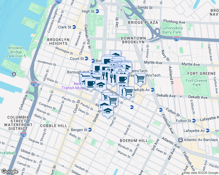 map of restaurants, bars, coffee shops, grocery stores, and more near 141 Livingston Street in Brooklyn