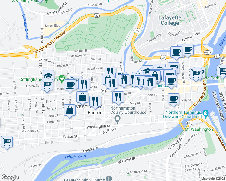 map of restaurants, bars, coffee shops, grocery stores, and more near 2 South 7th Street in Easton