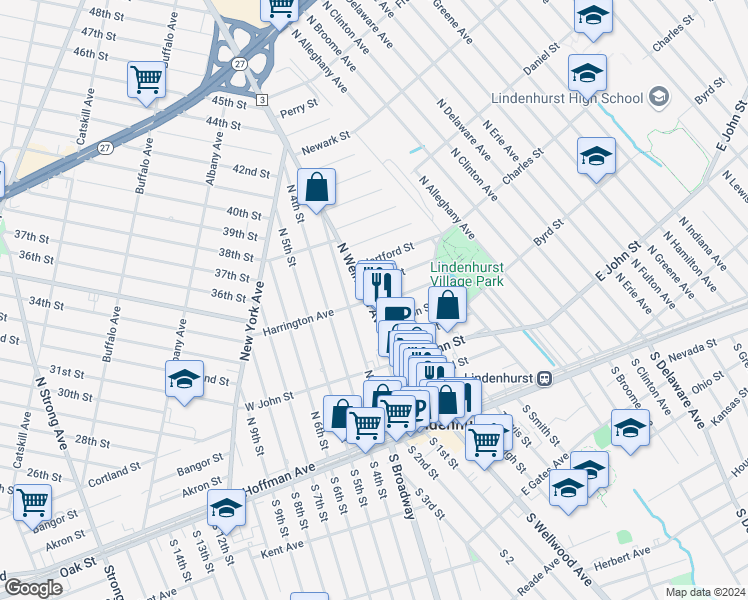 map of restaurants, bars, coffee shops, grocery stores, and more near 299 North Wellwood Avenue in Lindenhurst