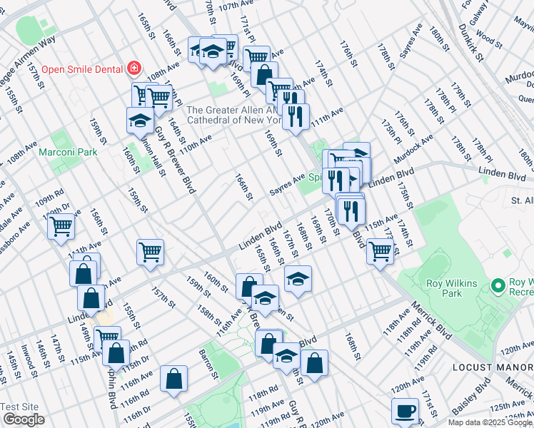 map of restaurants, bars, coffee shops, grocery stores, and more near 164-45 O'Donnell Road in Queens