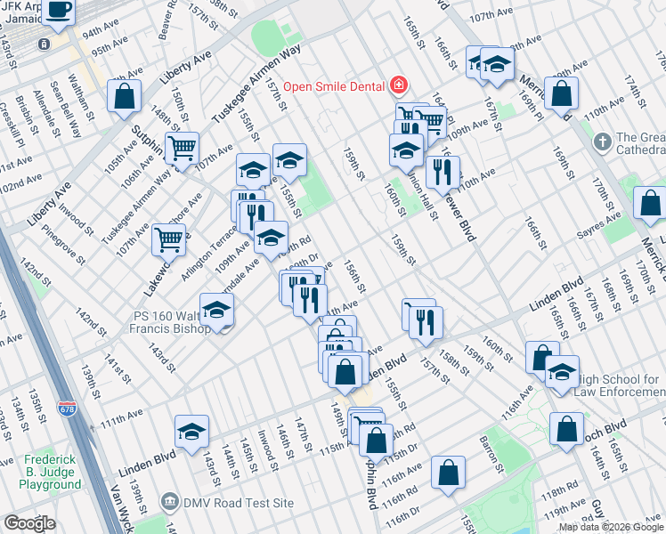 map of restaurants, bars, coffee shops, grocery stores, and more near 110-15 155th Street in Queens