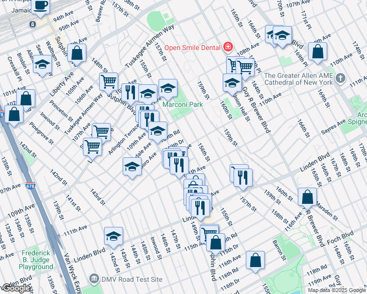 map of restaurants, bars, coffee shops, grocery stores, and more near 153-11 Brinkerhoff Avenue in Queens