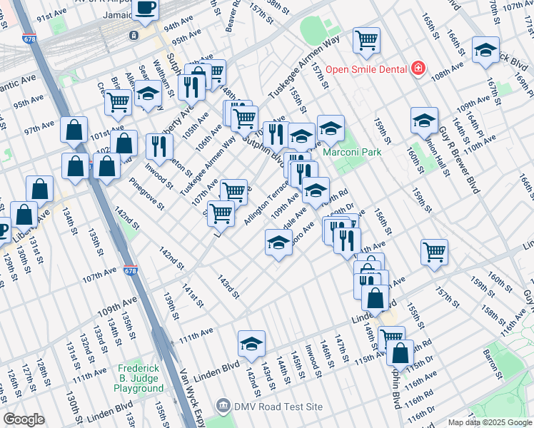 map of restaurants, bars, coffee shops, grocery stores, and more near 109-01 Liverpool Street in Queens