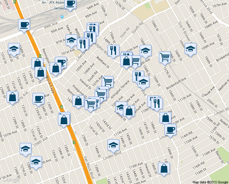 map of restaurants, bars, coffee shops, grocery stores, and more near 145-43 Arlington Terrace in Queens