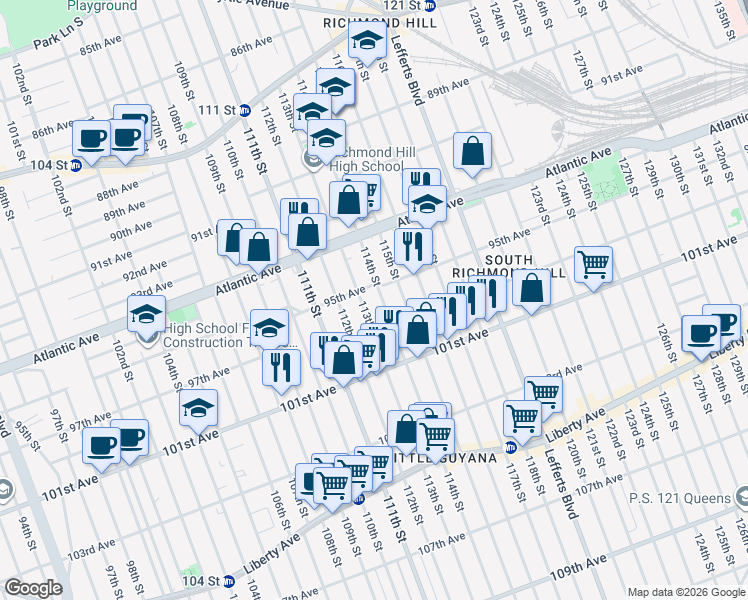 map of restaurants, bars, coffee shops, grocery stores, and more near 95-21 113th Street in Queens