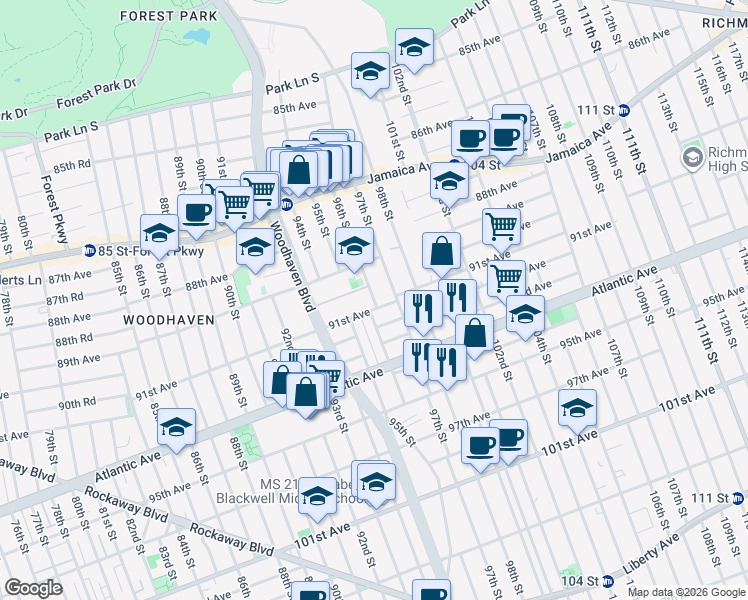 map of restaurants, bars, coffee shops, grocery stores, and more near 96-01 91st Avenue in Queens