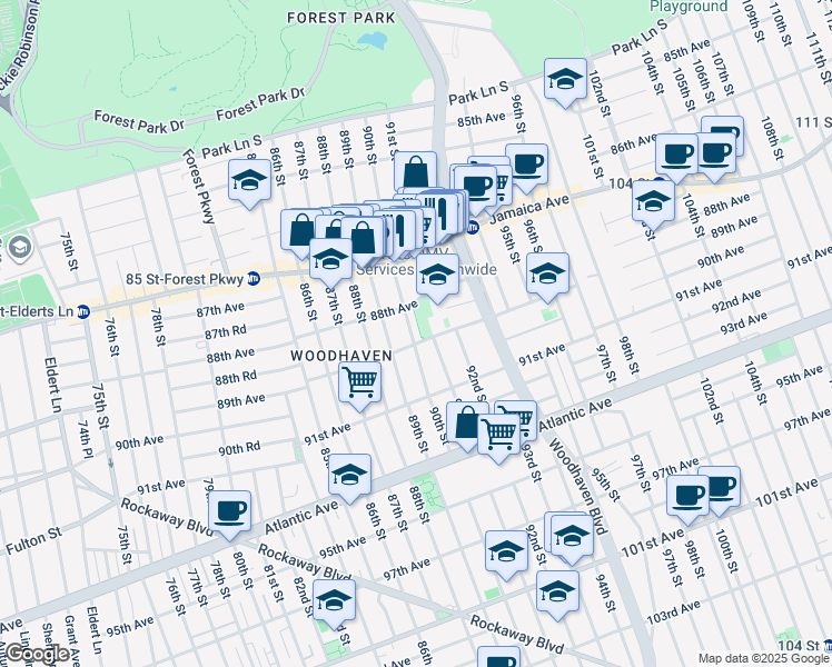 map of restaurants, bars, coffee shops, grocery stores, and more near 89-17 89th Avenue in Queens
