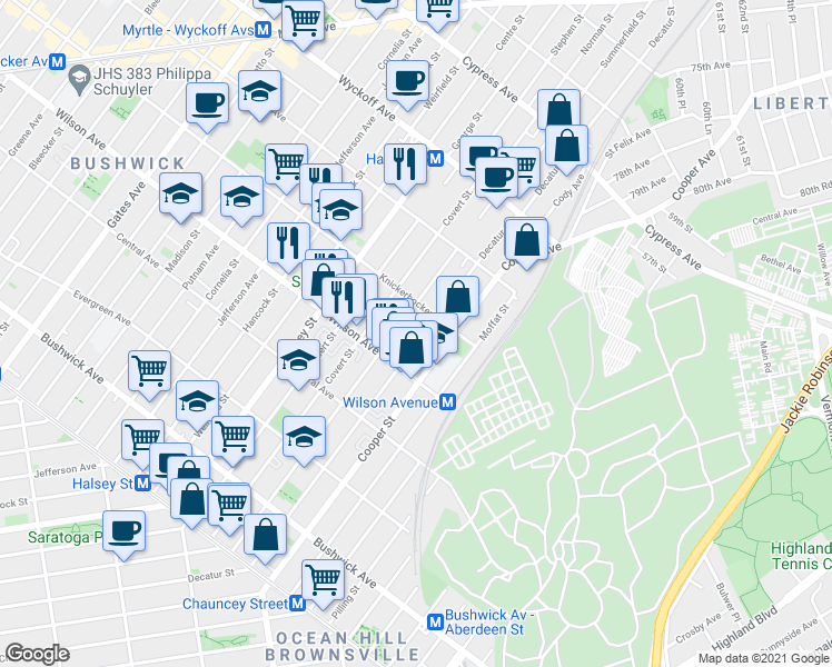 map of restaurants, bars, coffee shops, grocery stores, and more near 220 Schaefer Street in Brooklyn