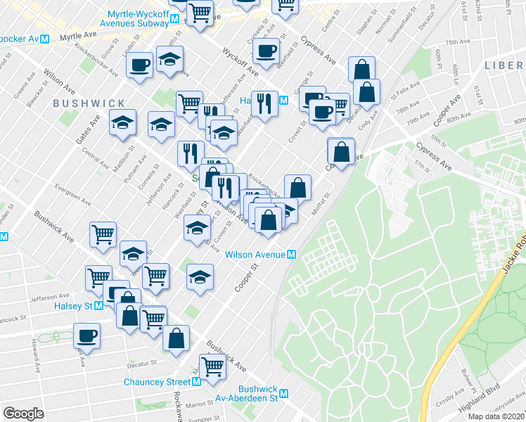 map of restaurants, bars, coffee shops, grocery stores, and more near 220 Schaefer Street in Brooklyn