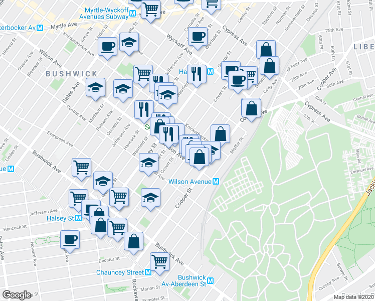 map of restaurants, bars, coffee shops, grocery stores, and more near 220 Schaefer Street in Brooklyn
