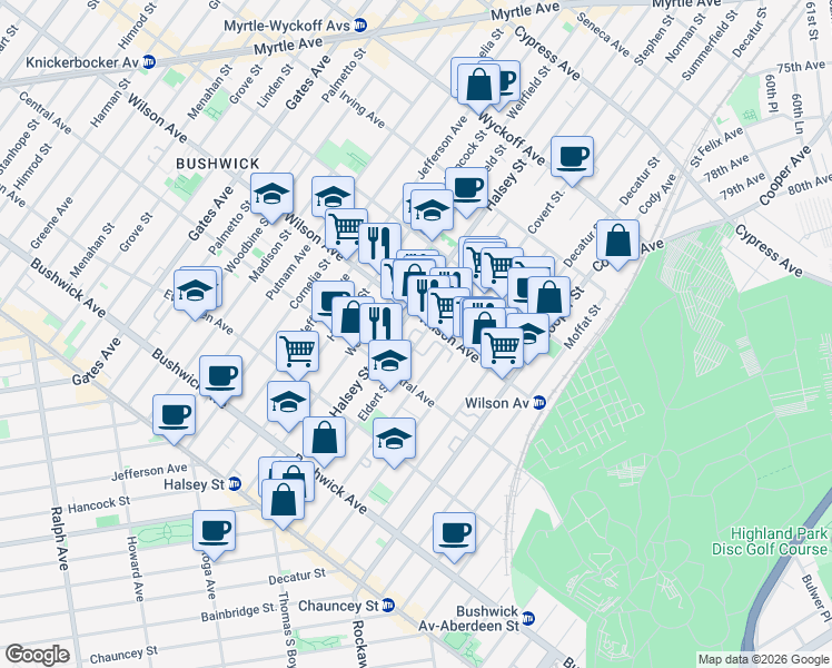 map of restaurants, bars, coffee shops, grocery stores, and more near in Brooklyn