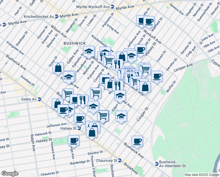 map of restaurants, bars, coffee shops, grocery stores, and more near 1150 Hancock Street in Brooklyn