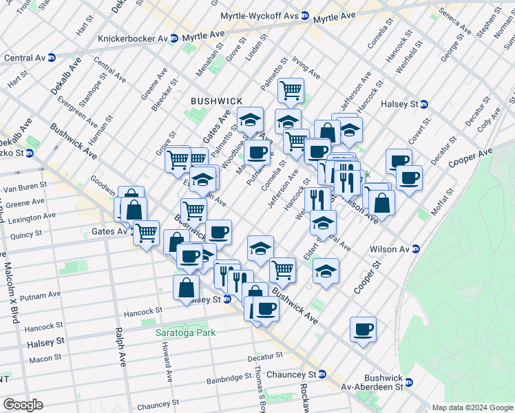 map of restaurants, bars, coffee shops, grocery stores, and more near in Brooklyn