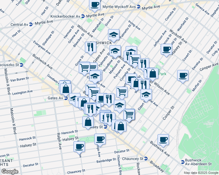 map of restaurants, bars, coffee shops, grocery stores, and more near 521 Evergreen Avenue in Brooklyn