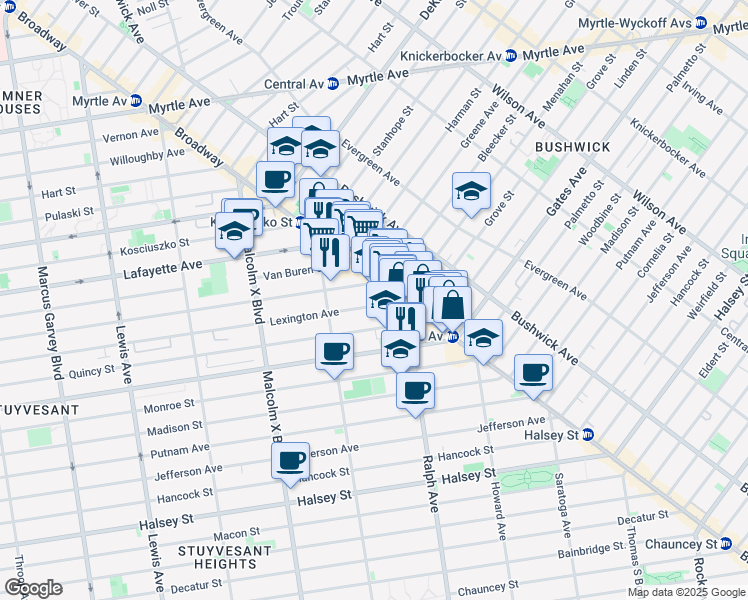 map of restaurants, bars, coffee shops, grocery stores, and more near 824 Lexington Avenue in Brooklyn