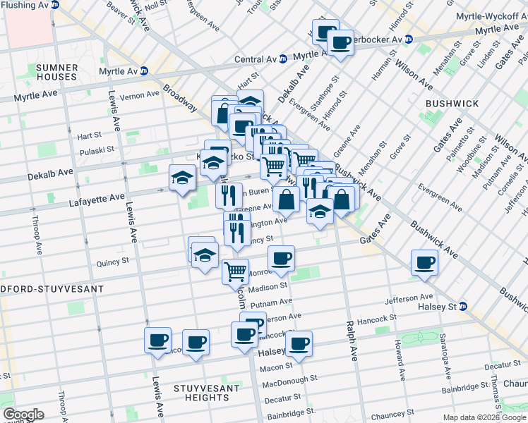 map of restaurants, bars, coffee shops, grocery stores, and more near 803 Lexington Avenue in Brooklyn