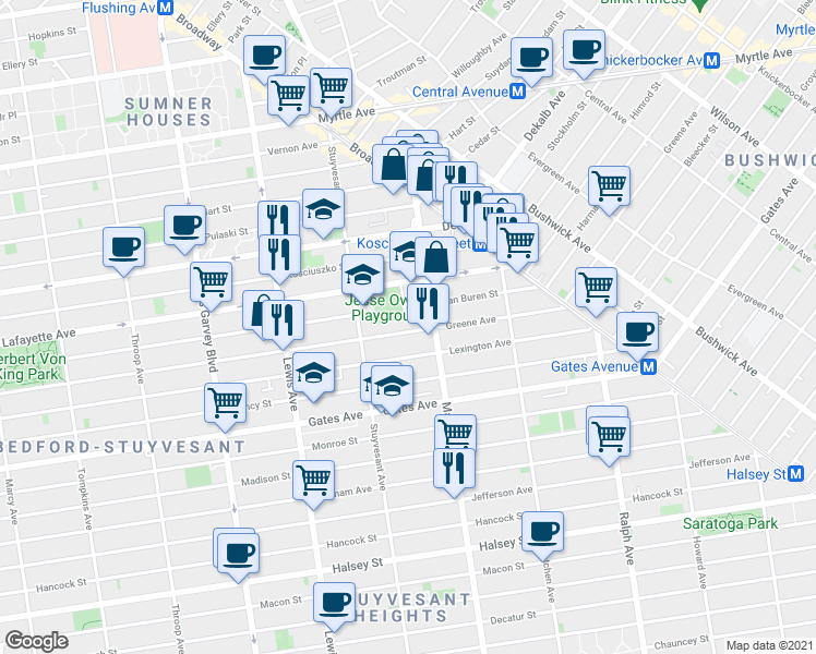 map of restaurants, bars, coffee shops, grocery stores, and more near 900A Greene Avenue in Brooklyn