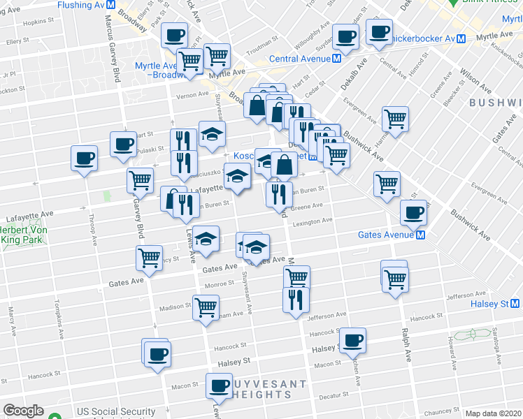 map of restaurants, bars, coffee shops, grocery stores, and more near 900A Greene Avenue in Brooklyn