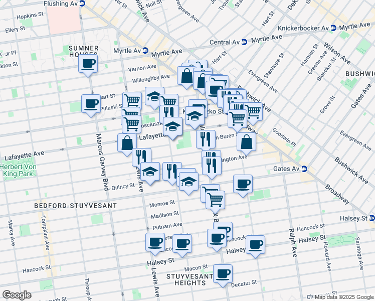 map of restaurants, bars, coffee shops, grocery stores, and more near 900A Greene Avenue in Brooklyn