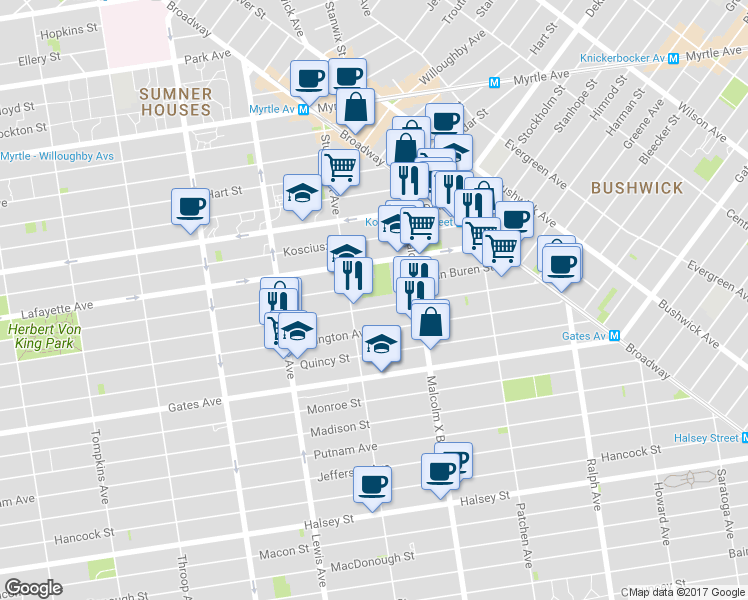 map of restaurants, bars, coffee shops, grocery stores, and more near 900A Greene Avenue in Brooklyn