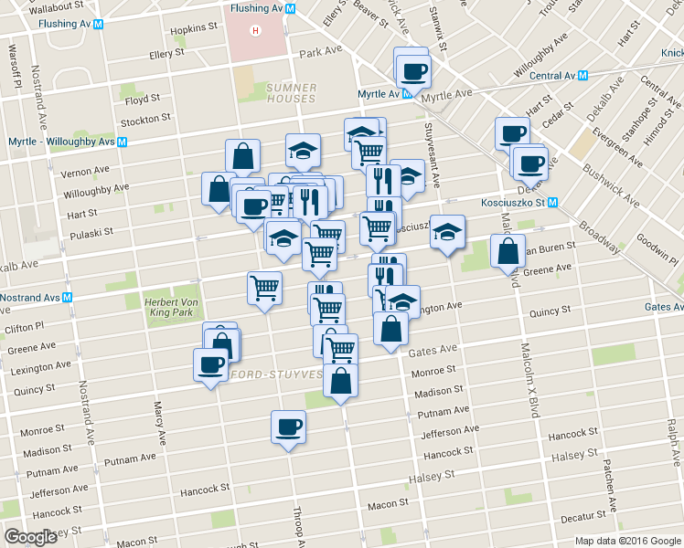 map of restaurants, bars, coffee shops, grocery stores, and more near 2 Van Buren Street in Brooklyn