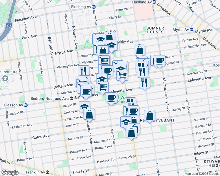 map of restaurants, bars, coffee shops, grocery stores, and more near 677 Lafayette Avenue in Brooklyn