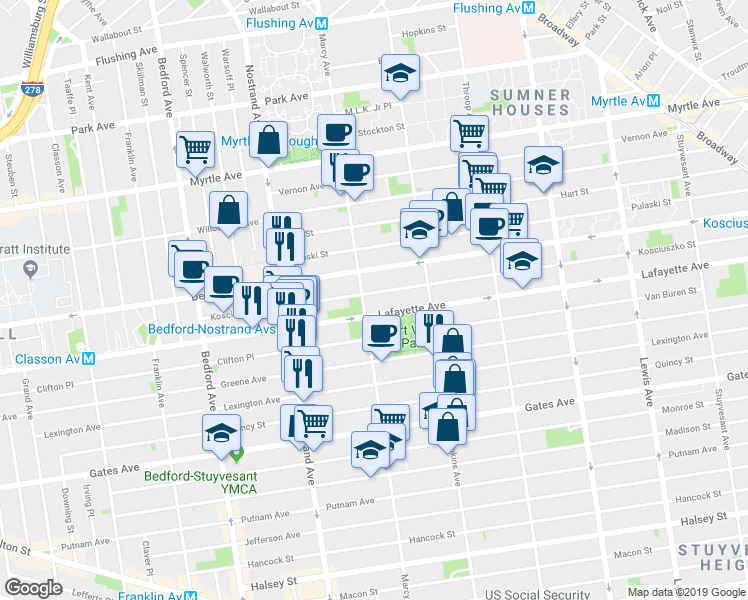 map of restaurants, bars, coffee shops, grocery stores, and more near 114 Kosciuszko Street in Brooklyn