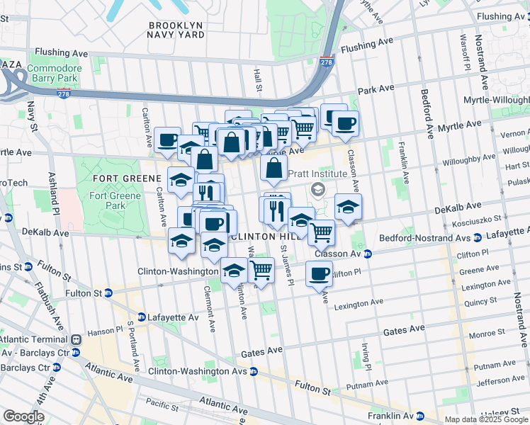 map of restaurants, bars, coffee shops, grocery stores, and more near 270 Washington Avenue in Brooklyn
