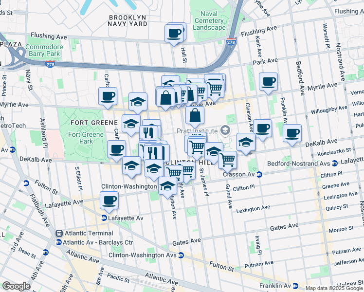 map of restaurants, bars, coffee shops, grocery stores, and more near 270 Washington Avenue in Brooklyn
