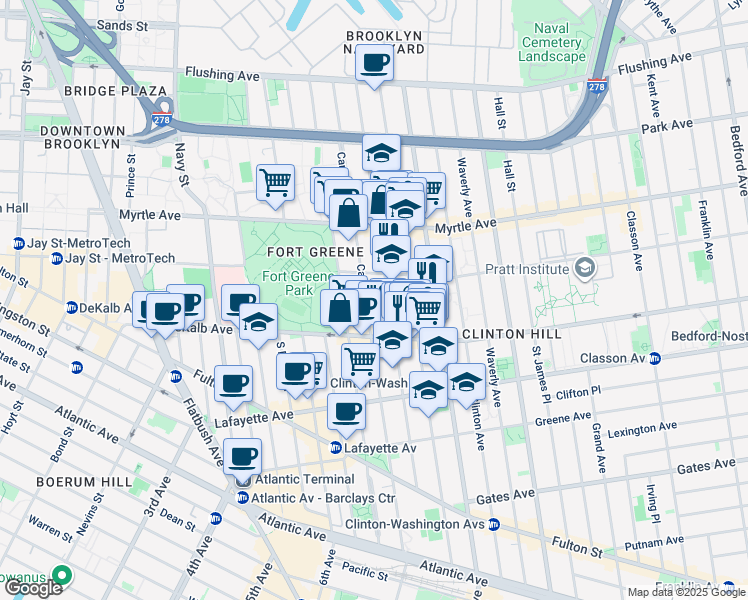 map of restaurants, bars, coffee shops, grocery stores, and more near 242 Carlton Avenue in Brooklyn