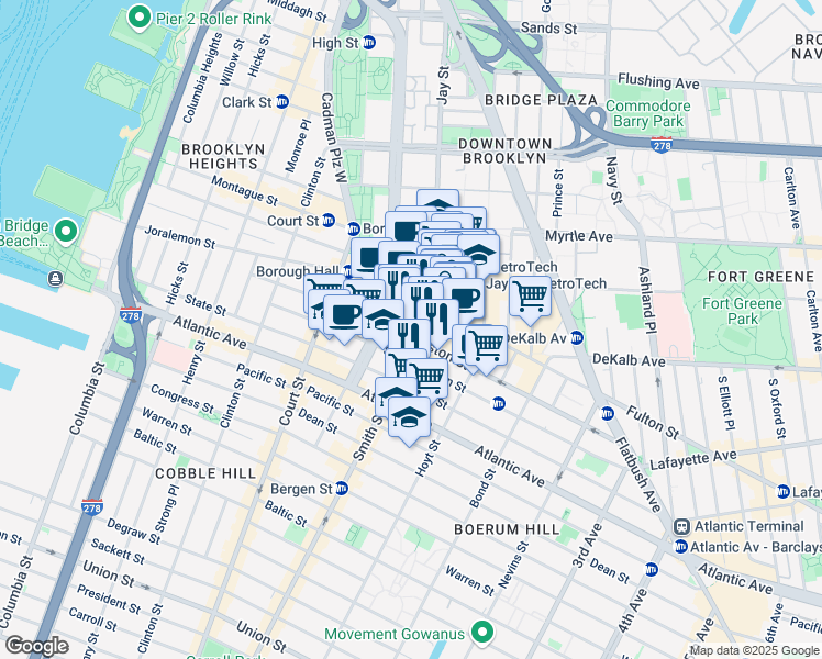 map of restaurants, bars, coffee shops, grocery stores, and more near 141 Livingston Street in Brooklyn