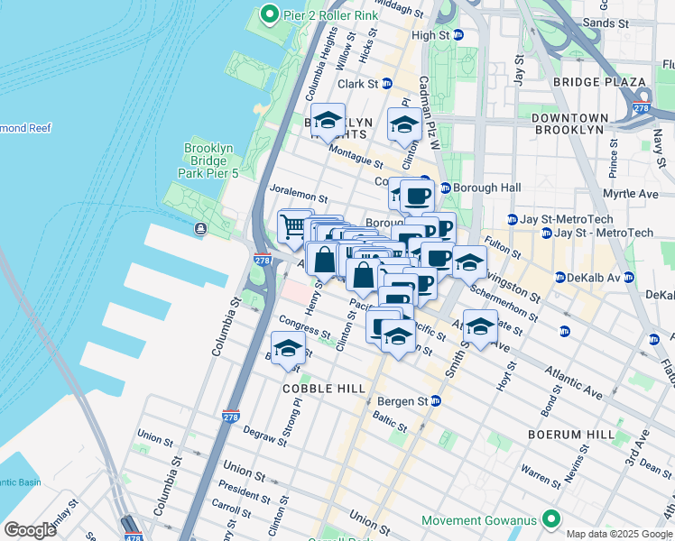 map of restaurants, bars, coffee shops, grocery stores, and more near 151 Atlantic Avenue in Brooklyn