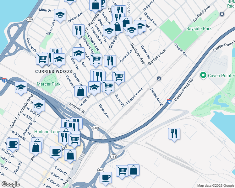map of restaurants, bars, coffee shops, grocery stores, and more near 100 Brown Place in Jersey City