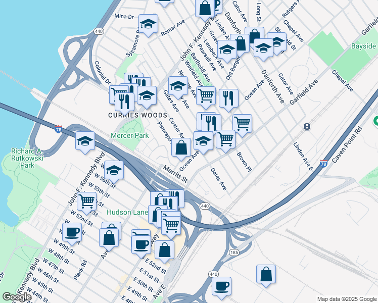 map of restaurants, bars, coffee shops, grocery stores, and more near 49 Ocean Avenue in Jersey City