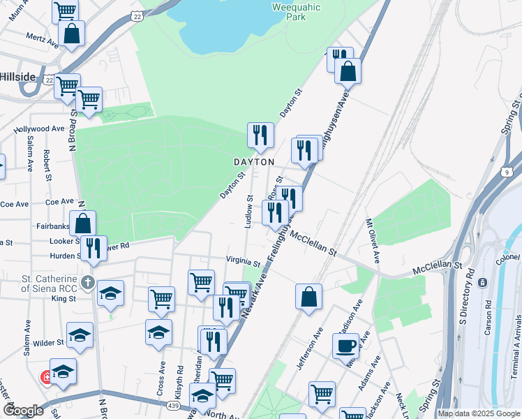 map of restaurants, bars, coffee shops, grocery stores, and more near 70 Ludlow Street in Newark