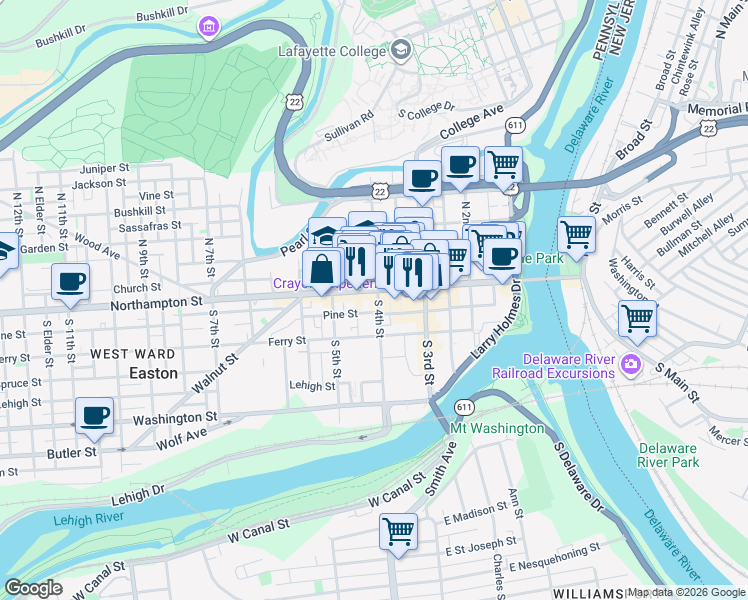 map of restaurants, bars, coffee shops, grocery stores, and more near 408 Northampton Street in Easton