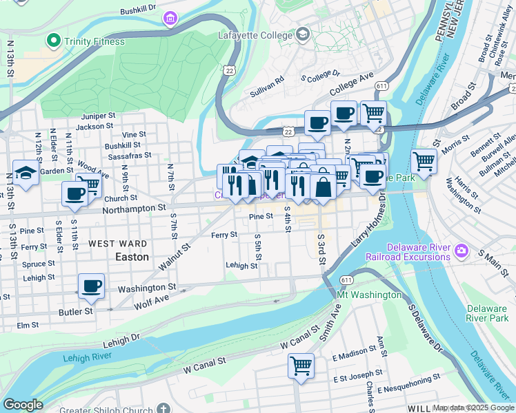 map of restaurants, bars, coffee shops, grocery stores, and more near 24 South 5th Street in Easton