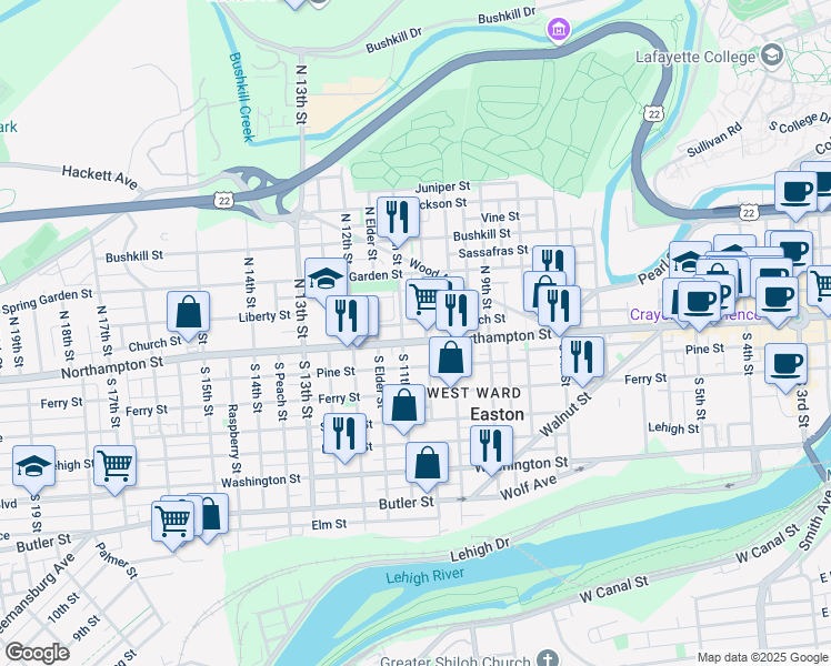 map of restaurants, bars, coffee shops, grocery stores, and more near 1019 Northampton Street in Easton