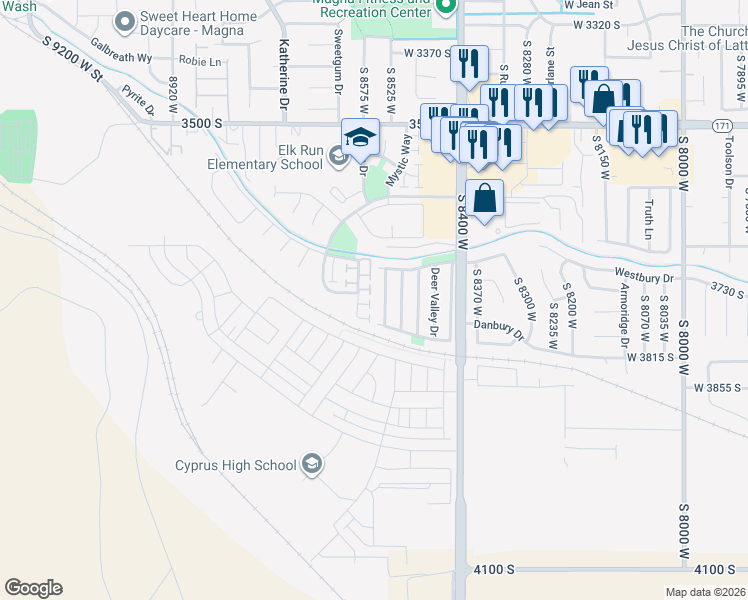 map of restaurants, bars, coffee shops, grocery stores, and more near 44 Elk Ridge Drive in Magna