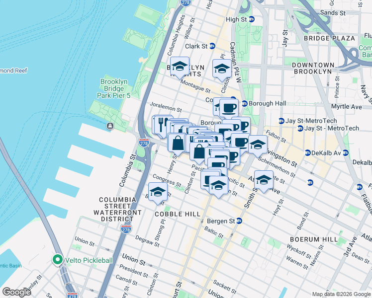 map of restaurants, bars, coffee shops, grocery stores, and more near 151-155 Atlantic Avenue in Brooklyn