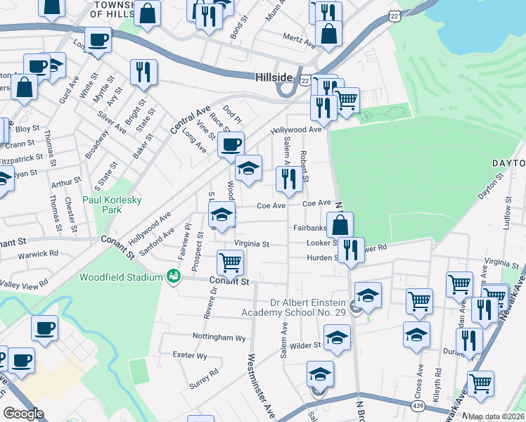 map of restaurants, bars, coffee shops, grocery stores, and more near 131 Fairbanks Street in Hillside