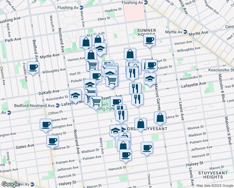 map of restaurants, bars, coffee shops, grocery stores, and more near 695 Lafayette Avenue in Brooklyn