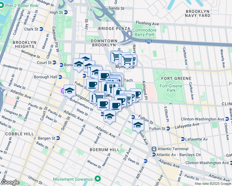 map of restaurants, bars, coffee shops, grocery stores, and more near 445 Albee Square West in Brooklyn